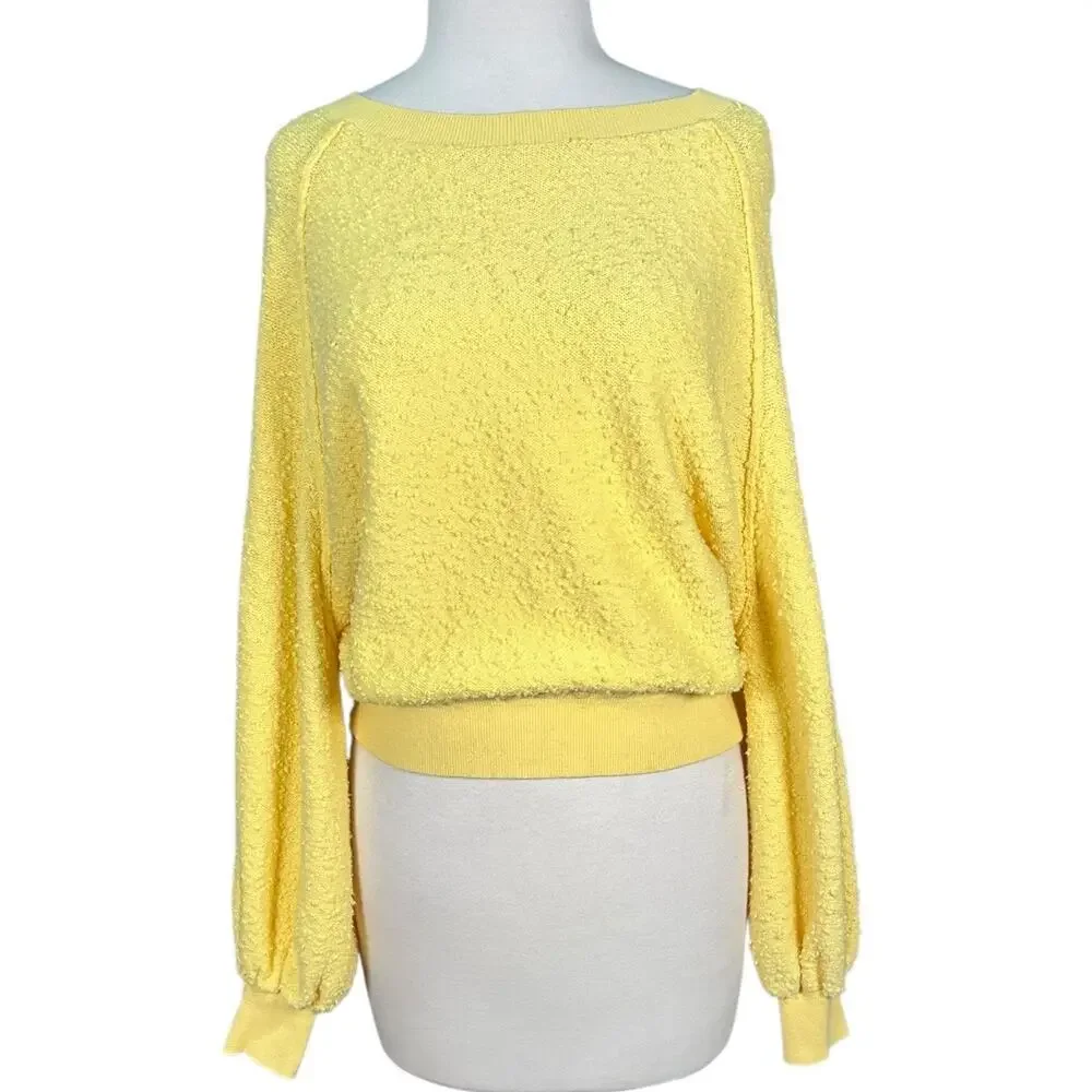 Free People XS Yellow Textured Knit Cropped Sweater Boho Slouchy Cozy
